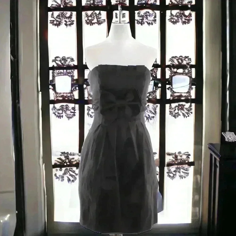 Jessica McClintock Size 6 Black Strapless Short Formal Dress With Front Bow. - Picture 6 of 7